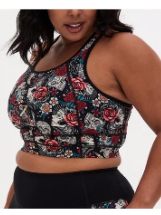 Torrid Curve Other - Floral Racerback Sports Bra — Black with Multicolor Rose Print